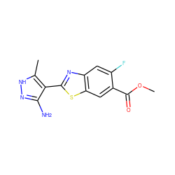 COC(=O)c1cc2sc(-c3c(N)n[nH]c3C)nc2cc1F ZINC000114398140