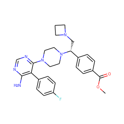 COC(=O)c1ccc([C@@H](CN2CCC2)N2CCN(c3ncnc(N)c3-c3ccc(F)cc3)CC2)cc1 ZINC000219093726