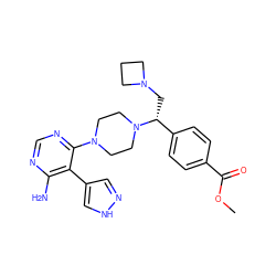 COC(=O)c1ccc([C@@H](CN2CCC2)N2CCN(c3ncnc(N)c3-c3cn[nH]c3)CC2)cc1 ZINC001772581329