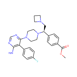 COC(=O)c1ccc([C@H](CN2CCC2)N2CCN(c3ncnc(N)c3-c3ccc(F)cc3)CC2)cc1 ZINC000219093649