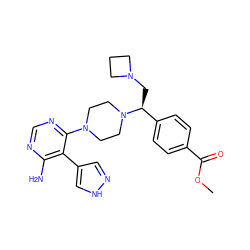 COC(=O)c1ccc([C@H](CN2CCC2)N2CCN(c3ncnc(N)c3-c3cn[nH]c3)CC2)cc1 ZINC001772581328