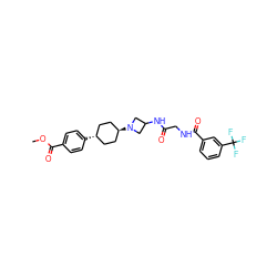COC(=O)c1ccc([C@H]2CC[C@H](N3CC(NC(=O)CNC(=O)c4cccc(C(F)(F)F)c4)C3)CC2)cc1 ZINC000253992084
