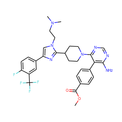 COC(=O)c1ccc(-c2c(N)ncnc2N2CCC(c3nc(-c4ccc(F)c(C(F)(F)F)c4)cn3CCN(C)C)CC2)cc1 ZINC000218685087