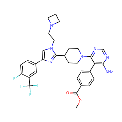 COC(=O)c1ccc(-c2c(N)ncnc2N2CCC(c3nc(-c4ccc(F)c(C(F)(F)F)c4)cn3CCN3CCC3)CC2)cc1 ZINC001772624809