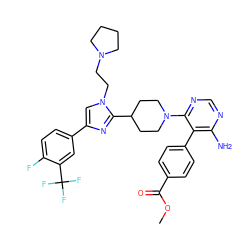 COC(=O)c1ccc(-c2c(N)ncnc2N2CCC(c3nc(-c4ccc(F)c(C(F)(F)F)c4)cn3CCN3CCCC3)CC2)cc1 ZINC001772618203