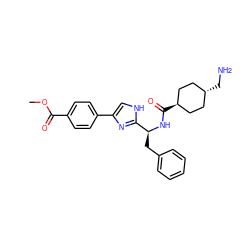 COC(=O)c1ccc(-c2c[nH]c([C@H](Cc3ccccc3)NC(=O)[C@H]3CC[C@H](CN)CC3)n2)cc1 ZINC000299837672