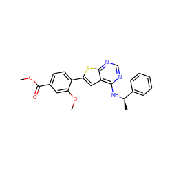 COC(=O)c1ccc(-c2cc3c(N[C@H](C)c4ccccc4)ncnc3s2)c(OC)c1 ZINC000653697840