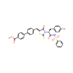 COC(=O)c1ccc(-c2ccc(/C=C3\SC(=S)N([C@@H](Cc4ccc(Br)cc4)C(=O)NS(=O)(=O)c4ccccc4)C3=O)cc2)cc1 ZINC000299861550