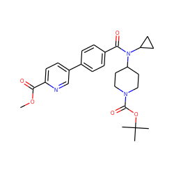 COC(=O)c1ccc(-c2ccc(C(=O)N(C3CC3)C3CCN(C(=O)OC(C)(C)C)CC3)cc2)cn1 ZINC000223649165