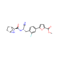 COC(=O)c1ccc(-c2ccc(C[C@@H](C#N)NC(=O)[C@H]3N[C@@H]4CC[C@H]3C4)c(F)c2)o1 ZINC000261091645