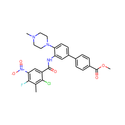 COC(=O)c1ccc(-c2ccc(N3CCN(C)CC3)c(NC(=O)c3cc([N+](=O)[O-])c(F)c(C)c3Cl)c2)cc1 ZINC001772619382