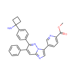 COC(=O)c1ccc(-c2cnc3cc(-c4ccccc4)c(-c4ccc(C5(N)CCC5)cc4)nn23)cn1 ZINC000146881400