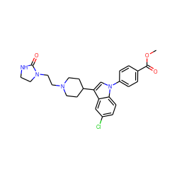 COC(=O)c1ccc(-n2cc(C3CCN(CCN4CCNC4=O)CC3)c3cc(Cl)ccc32)cc1 ZINC000013489965