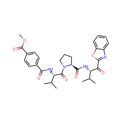COC(=O)c1ccc(C(=O)N[C@H](C(=O)N2CCC[C@H]2C(=O)N[C@H](C(=O)c2nc3ccccc3o2)C(C)C)C(C)C)cc1 ZINC000027311973