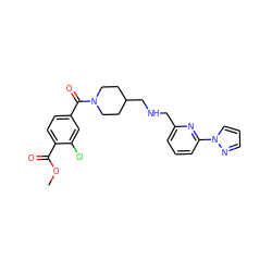 COC(=O)c1ccc(C(=O)N2CCC(CNCc3cccc(-n4cccn4)n3)CC2)cc1Cl ZINC000013782338