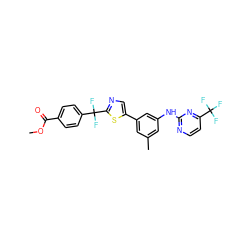 COC(=O)c1ccc(C(F)(F)c2ncc(-c3cc(C)cc(Nc4nccc(C(F)(F)F)n4)c3)s2)cc1 ZINC000117788328