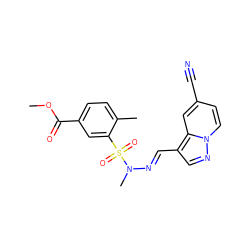 COC(=O)c1ccc(C)c(S(=O)(=O)N(C)/N=C/c2cnn3ccc(C#N)cc23)c1 ZINC000073199136