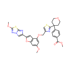 COC(=O)c1ccc(C2(c3nc(COc4cc(OC)cc5oc(-c6cn7nc(OC)sc7n6)cc45)cs3)CCOCC2)cc1 ZINC000223012774