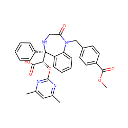 COC(=O)c1ccc(CN2C(=O)CN[C@](c3ccccc3)([C@H](Oc3nc(C)cc(C)n3)C(=O)O)c3ccccc32)cc1 ZINC000026675490