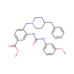 COC(=O)c1ccc(CN2CCC(Cc3ccccc3)CC2)c(NC(=O)Nc2cccc(OC)c2)c1 ZINC000013475817