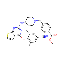 COC(=O)c1ccc(CN2CCC(Nc3nc(Oc4c(C)cc(C#N)cc4C)c4ccsc4n3)CC2)cc1 ZINC001772584541