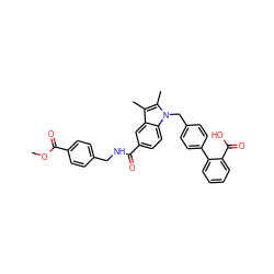 COC(=O)c1ccc(CNC(=O)c2ccc3c(c2)c(C)c(C)n3Cc2ccc(-c3ccccc3C(=O)O)cc2)cc1 ZINC000206004337