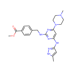 COC(=O)c1ccc(CNc2nc(Nc3cc(C)[nH]n3)cc(N3CCN(C)CC3)n2)cc1 ZINC000169312492