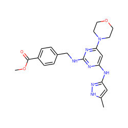 COC(=O)c1ccc(CNc2nc(Nc3cc(C)[nH]n3)cc(N3CCOCC3)n2)cc1 ZINC000169312493