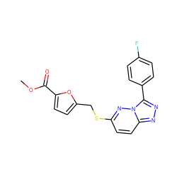 COC(=O)c1ccc(CSc2ccc3nnc(-c4ccc(F)cc4)n3n2)o1 ZINC000004164465