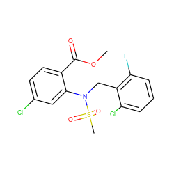 COC(=O)c1ccc(Cl)cc1N(Cc1c(F)cccc1Cl)S(C)(=O)=O ZINC000001044582