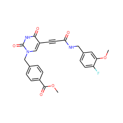 COC(=O)c1ccc(Cn2cc(C#CC(=O)NCc3ccc(F)c(OC)c3)c(=O)[nH]c2=O)cc1 ZINC001772654861