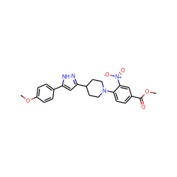 COC(=O)c1ccc(N2CCC(c3cc(-c4ccc(OC)cc4)[nH]n3)CC2)c([N+](=O)[O-])c1 ZINC000013142726