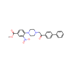 COC(=O)c1ccc(N2CCN(CC(=O)c3ccc(-c4ccccc4)cc3)CC2)c([N+](=O)[O-])c1 ZINC000036378225