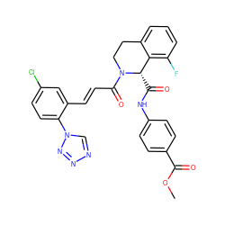 COC(=O)c1ccc(NC(=O)[C@H]2c3c(F)cccc3CCN2C(=O)/C=C/c2cc(Cl)ccc2-n2cnnn2)cc1 ZINC000261181374