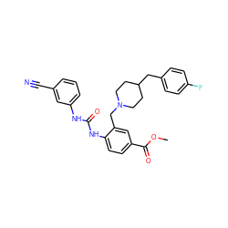 COC(=O)c1ccc(NC(=O)Nc2cccc(C#N)c2)c(CN2CCC(Cc3ccc(F)cc3)CC2)c1 ZINC000013475837