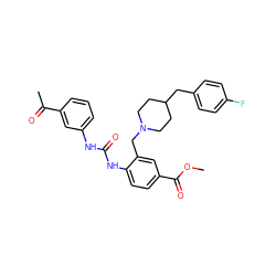 COC(=O)c1ccc(NC(=O)Nc2cccc(C(C)=O)c2)c(CN2CCC(Cc3ccc(F)cc3)CC2)c1 ZINC000013475839