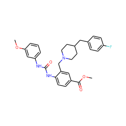 COC(=O)c1ccc(NC(=O)Nc2cccc(OC)c2)c(CN2CCC(Cc3ccc(F)cc3)CC2)c1 ZINC000013475838