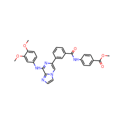 COC(=O)c1ccc(NC(=O)c2cccc(-c3cn4ccnc4c(Nc4ccc(OC)c(OC)c4)n3)c2)cc1 ZINC000145217152