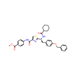 COC(=O)c1ccc(NC(=O)c2csc([C@H](Cc3ccc(OCc4ccccc4)cc3)NC(=O)C3CCCCC3)n2)cc1 ZINC000096285501