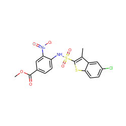 COC(=O)c1ccc(NS(=O)(=O)c2sc3ccc(Cl)cc3c2C)c([N+](=O)[O-])c1 ZINC000013587570