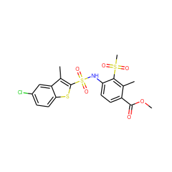 COC(=O)c1ccc(NS(=O)(=O)c2sc3ccc(Cl)cc3c2C)c(S(C)(=O)=O)c1C ZINC000027328714