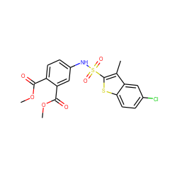 COC(=O)c1ccc(NS(=O)(=O)c2sc3ccc(Cl)cc3c2C)cc1C(=O)OC ZINC000013587573