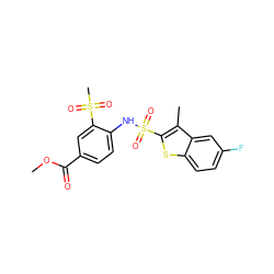 COC(=O)c1ccc(NS(=O)(=O)c2sc3ccc(F)cc3c2C)c(S(C)(=O)=O)c1 ZINC000001911377