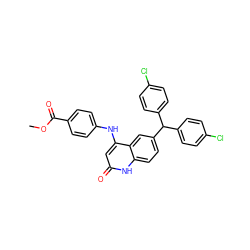 COC(=O)c1ccc(Nc2cc(=O)[nH]c3ccc(C(c4ccc(Cl)cc4)c4ccc(Cl)cc4)cc23)cc1 ZINC001772636410