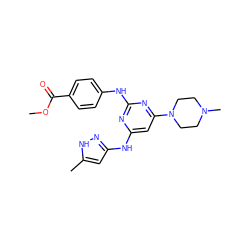 COC(=O)c1ccc(Nc2nc(Nc3cc(C)[nH]n3)cc(N3CCN(C)CC3)n2)cc1 ZINC000169312494