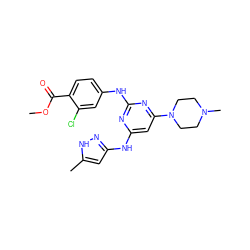 COC(=O)c1ccc(Nc2nc(Nc3cc(C)[nH]n3)cc(N3CCN(C)CC3)n2)cc1Cl ZINC000169312491