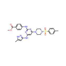 COC(=O)c1ccc(Nc2nc(Nc3cc(C)[nH]n3)cc(N3CCN(S(=O)(=O)c4ccc(C)cc4)CC3)n2)cc1 ZINC000169312499