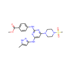 COC(=O)c1ccc(Nc2nc(Nc3cc(C)[nH]n3)cc(N3CCN(S(C)(=O)=O)CC3)n2)cc1 ZINC000169312498