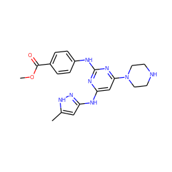 COC(=O)c1ccc(Nc2nc(Nc3cc(C)[nH]n3)cc(N3CCNCC3)n2)cc1 ZINC000169312495