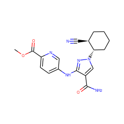 COC(=O)c1ccc(Nc2nn([C@H]3CCCC[C@@H]3C#N)cc2C(N)=O)cn1 ZINC000221133670